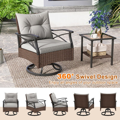 Costway 3 Piece Patio Swivel Rocker Set Wicker Rocking Chairs w/ 2-Tier Coffee Table
