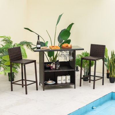 Costway 3 Piece Patio Wicker Garden Bar Set Rattan Bar Height Table Chair Set w/ Stemware Racks