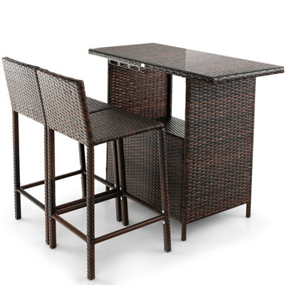 Costway 3 Piece Patio Wicker Garden Bar Set Rattan Bar Height Table Chair Set w Stemware Racks DIY at B Q