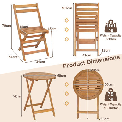 Costway 3 Pieces Folding Patio Bistro Set Wooden Table and Chairs with ...