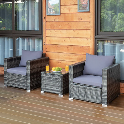Costway 3 Pieces Outdoor Patio Furniture Set Rattan Conversation Sofa Set With Cushions