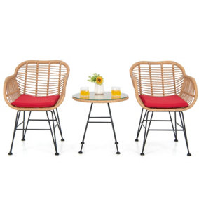 Costway 3 Pieces Outdoor PE Rattan Armchairs Patio Bistro Set W/ Tempered Glass Table