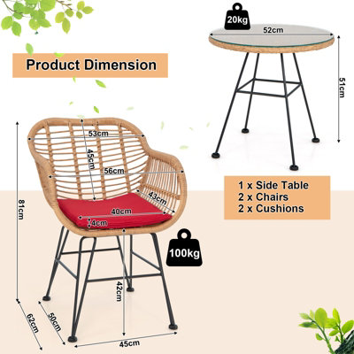 Costway 3 Pieces Outdoor PE Rattan Armchairs Patio Bistro Set W/ Tempered Glass Table
