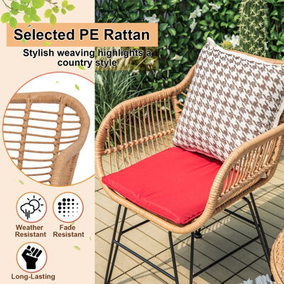 Costway 3 Pieces Outdoor PE Rattan Armchairs Patio Bistro Set W/ Tempered Glass Table