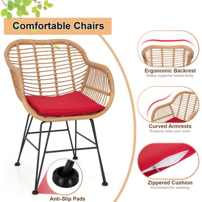 Costway 3 Pieces Outdoor PE Rattan Armchairs Patio Bistro Set W/ Tempered Glass Table