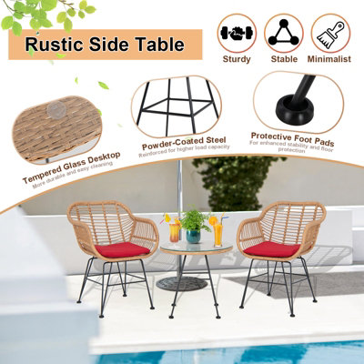 Costway 3 Pieces Outdoor PE Rattan Armchairs Patio Bistro Set W/ Tempered Glass Table