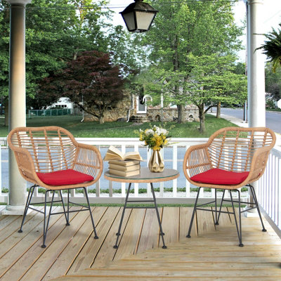 Costway 3 Pieces Outdoor PE Rattan Armchairs Patio Bistro Set W/ Tempered Glass Table