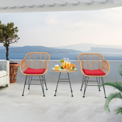 Costway 3 Pieces Outdoor PE Rattan Armchairs Patio Bistro Set W/ Tempered Glass Table