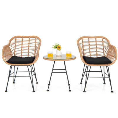 Costway 3 Pieces Outdoor PE Rattan Armchairs Patio Bistro Set  W/ Tempered Glass Table