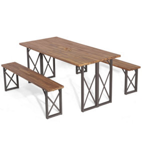 Costway 3 Pieces Outdoor Picnic Table & Bench Set Garden Wooden Dining Table w/ Umbrella Hole
