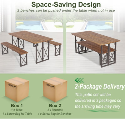 Costway 3 Pieces Outdoor Picnic Table & Bench Set Garden Wooden Dining Table w/ Umbrella Hole - 3