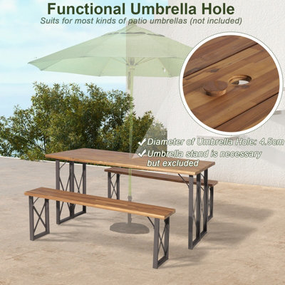 Costway 3 Pieces Outdoor Picnic Table & Bench Set Garden Wooden Dining Table w/ Umbrella Hole - 5