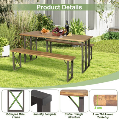 Costway 3 Pieces Outdoor Picnic Table & Bench Set Garden Wooden Dining Table w/ Umbrella Hole - 6