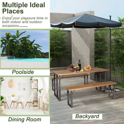 Costway 3 Pieces Outdoor Picnic Table & Bench Set Garden Wooden Dining Table w/ Umbrella Hole - 7