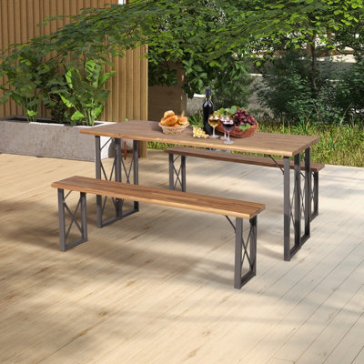 Costway 3 Pieces Outdoor Picnic Table & Bench Set Garden Wooden Dining Table w/ Umbrella Hole - 8