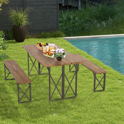 Costway 3 Pieces Outdoor Picnic Table & Bench Set Garden Wooden Dining Table w/ Umbrella Hole - 9