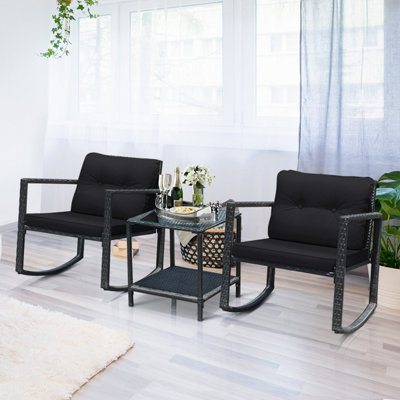 Costway 3 Pieces Outdoor Rocking Bistro Set PE Rattan Rocking Chair Set with Cushions