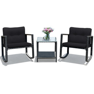 Costway 3 Pieces Outdoor Rocking Bistro Set PE Rattan Rocking Chair Set with Cushions