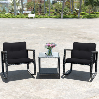 Costway 3 PCS Rocking Bistro Set With Removable Cushions & Tempered Glass Top Coffee Table Brown