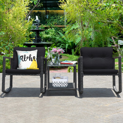 Costway 3 Pieces Outdoor Rocking Bistro Set PE Rattan Rocking Chair Set with Cushions - 5