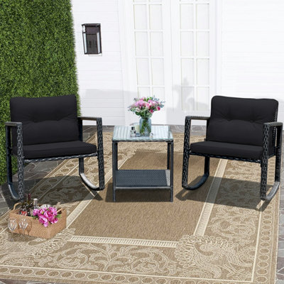 Costway 3 Pieces Outdoor Rocking Bistro Set PE Rattan Rocking Chair Set with Cushions - 6