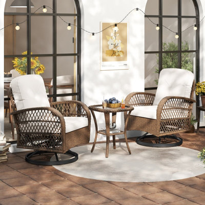 3 Piece Patio Bistro Set With 2 Chairs And Glass Top Table, All-Weather Rattan Balcony