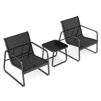 Costway 3 Pieces Patio Conversation Set Outdoor Metal Chair & Table Set Glass Tabletop