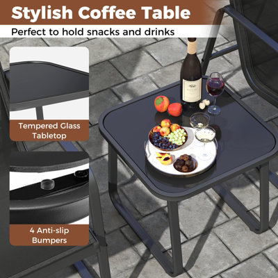 Costway 3 Pieces Patio Conversation Set Outdoor Metal Chair & Table Set Glass Tabletop - 7