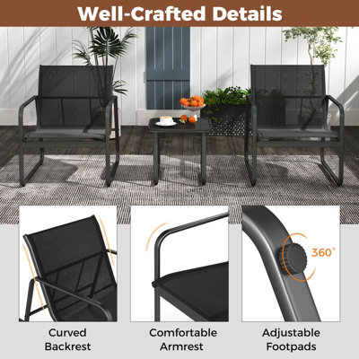 Costway 3 Pieces Patio Conversation Set Outdoor Metal Chair & Table Set Glass Tabletop - 9