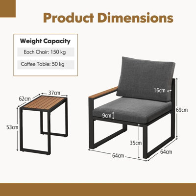 Costway 3 Pieces Patio Furniture Set Aluminum Frame Outdoor Table Chair Set w/Soft Cushions