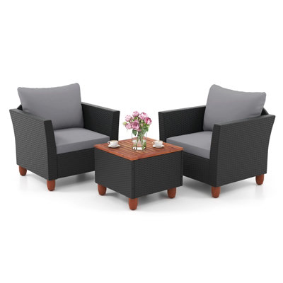 Costway 3 Pieces Patio Furniture Set Garden PE Rattan Chairs Conversation Set w/ Storage Table