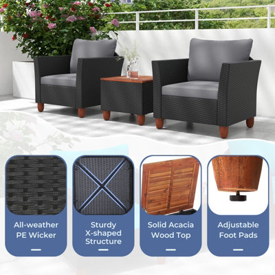 Costway 3 Pieces Patio Furniture Set Garden PE Rattan Chairs Conversation Set w/ Storage Table