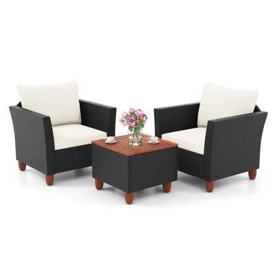 Costway 3 Pieces Patio Furniture Set Garden PE Rattan Chairs Conversation Set w/ Storage Table