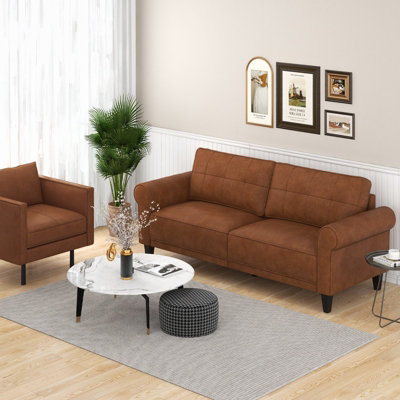 Costway 3-Seater PU Leather Sofa Couch Modern Loveseat w/2 Back Pillows