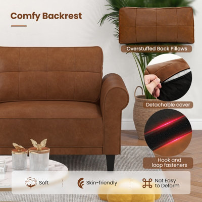 Costway 3 Seater PU Leather Sofa Couch Modern Loveseat w 2 Back Pillows