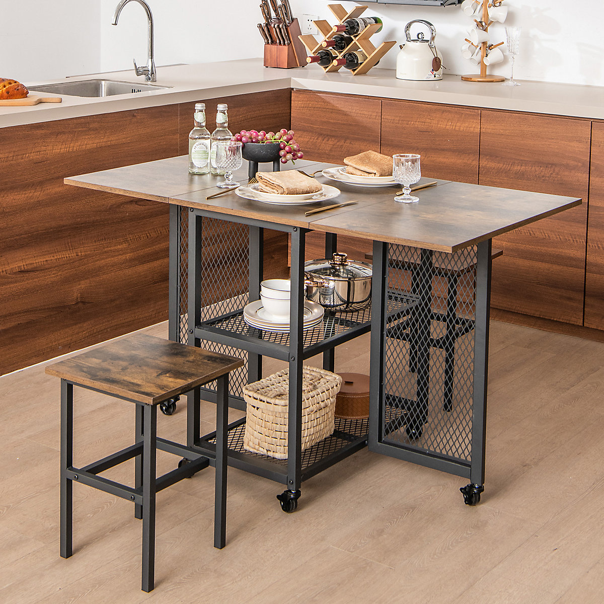 Costway 3 Set Foldable Dining Table 2 Stools Drop Leaf Costway 3 Set Foldable Dining Table 2 Stools Drop Leaf