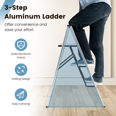 Costway 3 Step Ladder Folding Aluminum Structure Step Stool w/ Wide ...