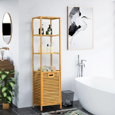 Costway 3-Tier Bamboo Bathroom Tilt-out Laundry Hamper Storage Organise w/Laundry Basket - 4