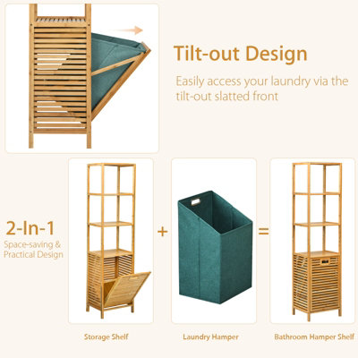 Costway 3-Tier Bamboo Bathroom Tilt-out Laundry Hamper Storage Organise w/Laundry Basket - 6