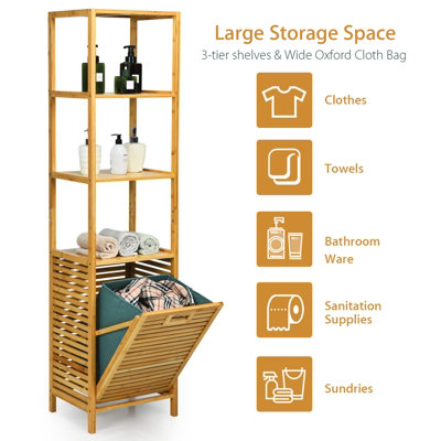 Costway 3-Tier Bamboo Bathroom Tilt-out Laundry Hamper Storage Organise w/Laundry Basket - 8