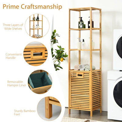 Costway 3-Tier Bamboo Bathroom Tilt-out Laundry Hamper Storage Organise w/Laundry Basket - 9