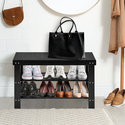 Costway 3-Tier Bamboo Shoe Bench Shoe Rack Organizer Entryway Bench Stand Display Shelf - 7