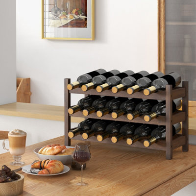 COSTWAY 3-Tier Bamboo Wine Rack 18-Bottle Tabletop Wine Holder w/ Wave Slot