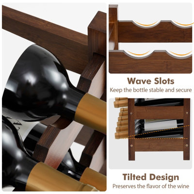 COSTWAY 3-Tier Bamboo Wine Rack 18-Bottle Tabletop Wine Holder w/ Wave Slot - 7