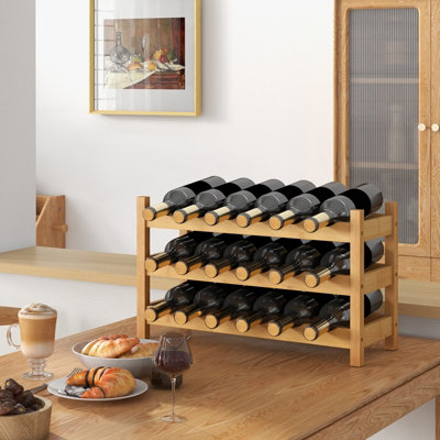 COSTWAY 3-Tier Bamboo Wine Rack 18-Bottle Tabletop Wine Holder w/ Wave Slot