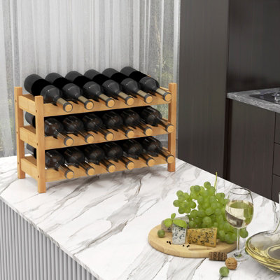 COSTWAY 3-Tier Bamboo Wine Rack 18-Bottle Tabletop Wine Holder w/ Wave Slot