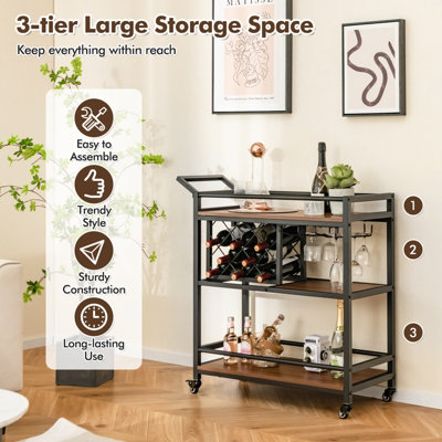 Costway 3-Tier Bar Cart Industrial Serving Cart Kitchen Rolling Cart w ...