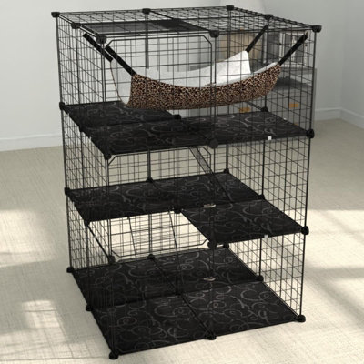COSTWAY 3-Tier Cat Enclosure 107 CM Large Cat Cage w/ Hammock & 2 Ladders-Black