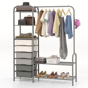 Costway 3-Tier Clothes Rails Stand Garment Coat Rack Free-Standing Closet w/ 6 Drawers