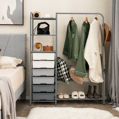 Costway 3-Tier Clothes Rails Stand Garment Coat Rack Free-Standing Closet w/ 6 Drawers - 3